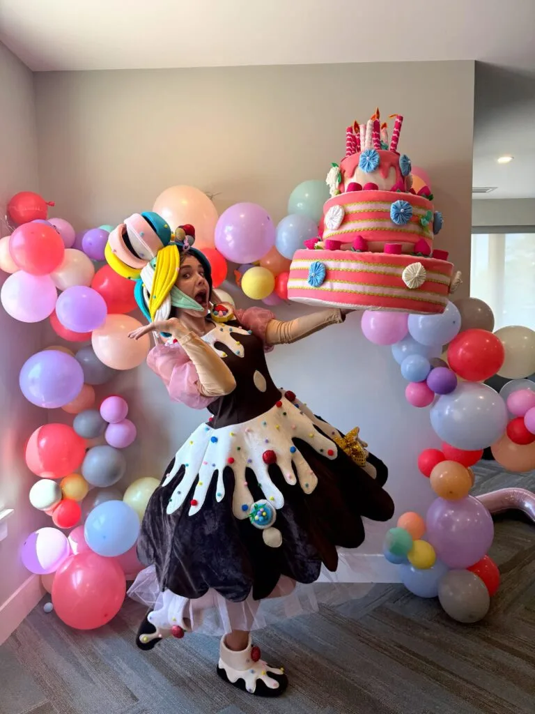 Miss ChocoPop entertainer at a colourful kids birthday party