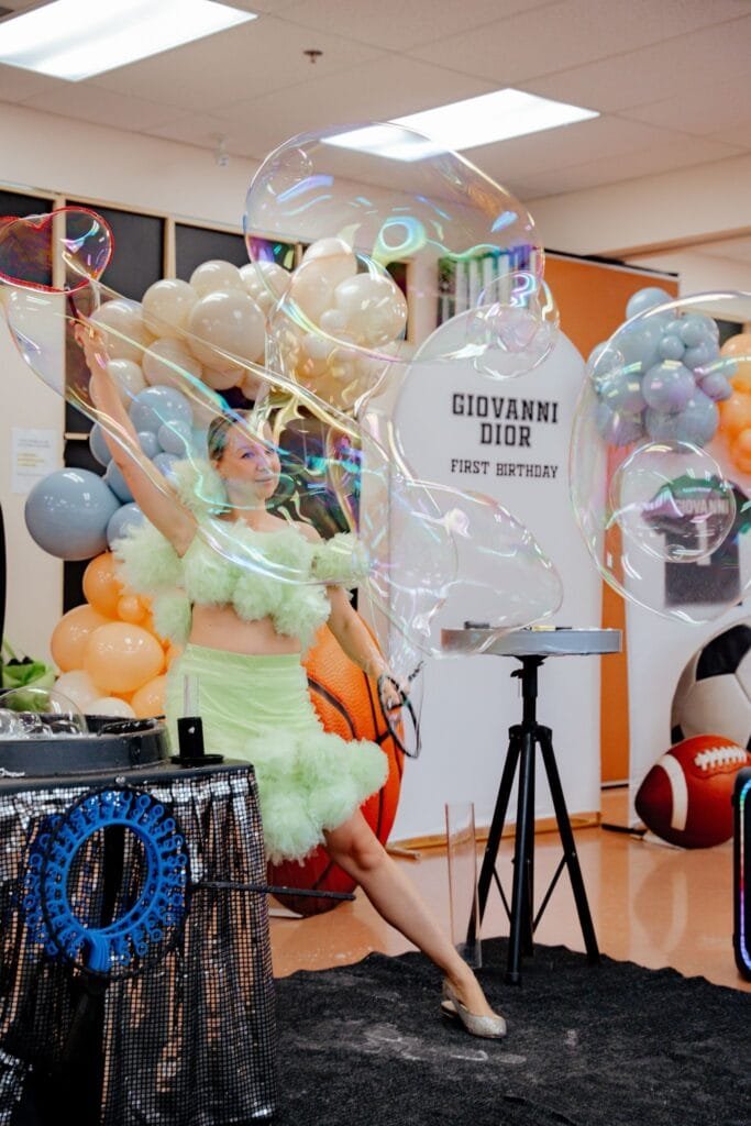 Happy Time Bubble Show setup for a children's party