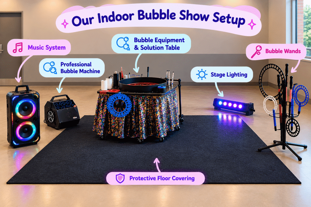 Indoor Bubble Show setup with professional equipment and protective floor covering